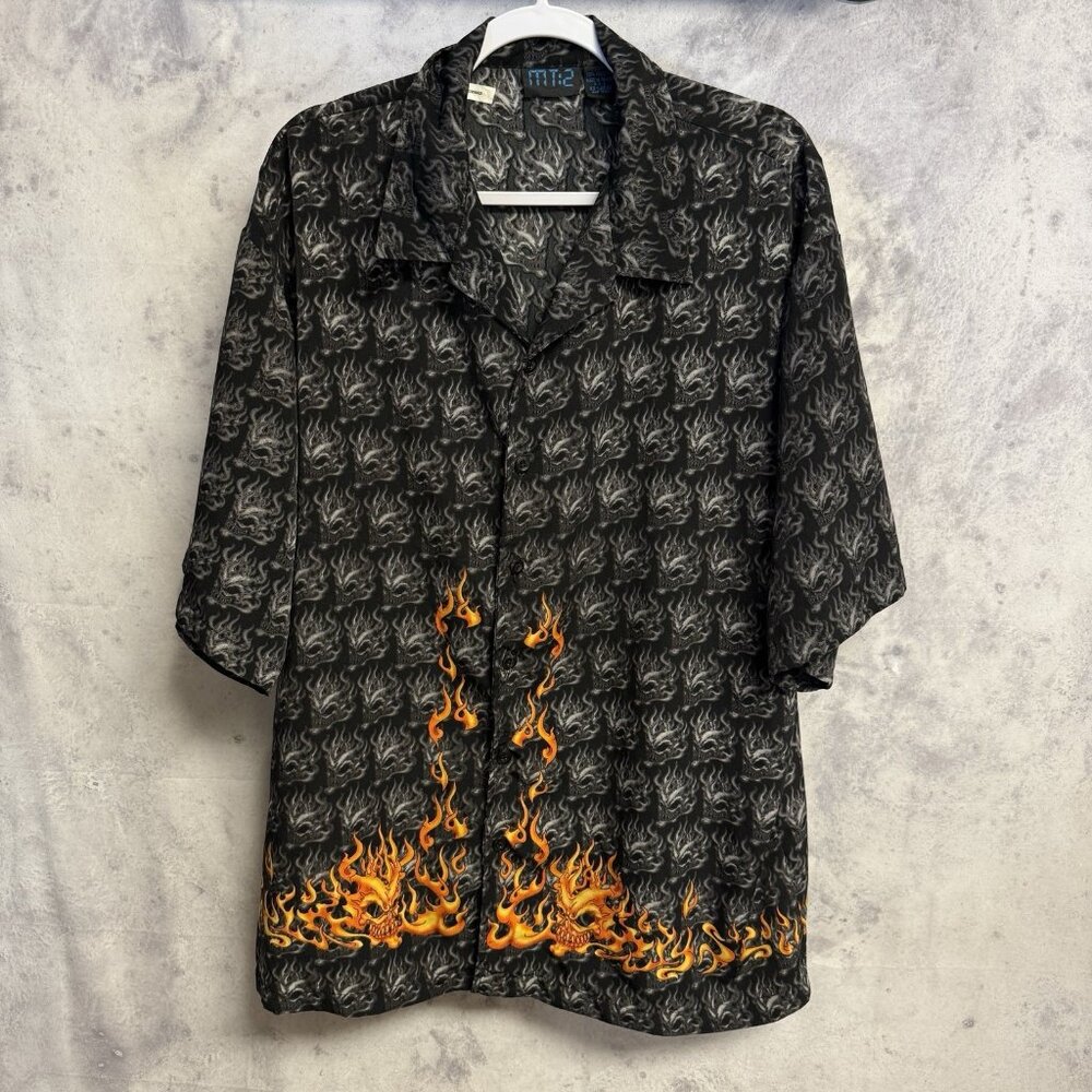 Vintage Y2K MT:2 Shirt Mens 2XL Skull Flames Button Up Grunge